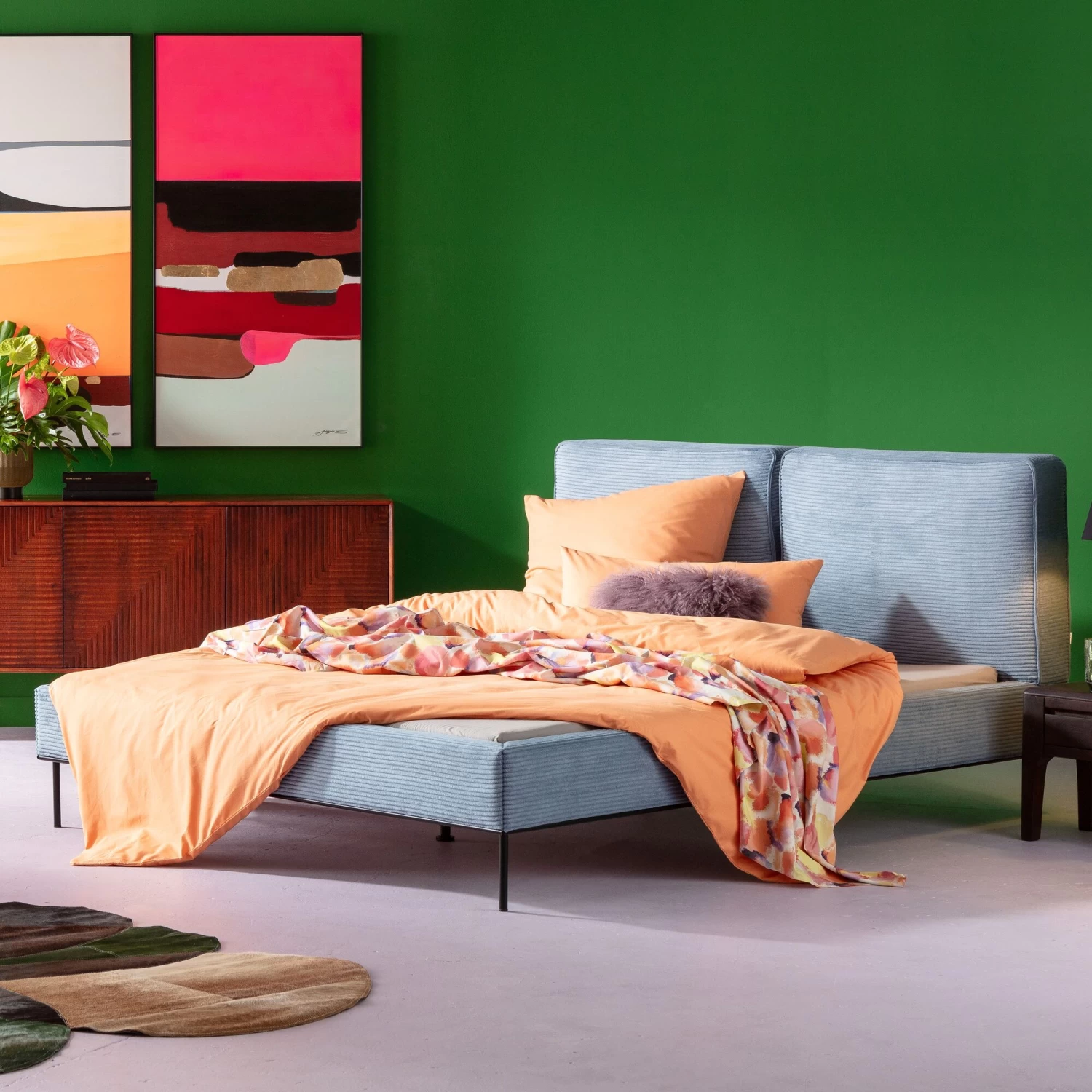 Bett East Side Cord Blau 160x200cm