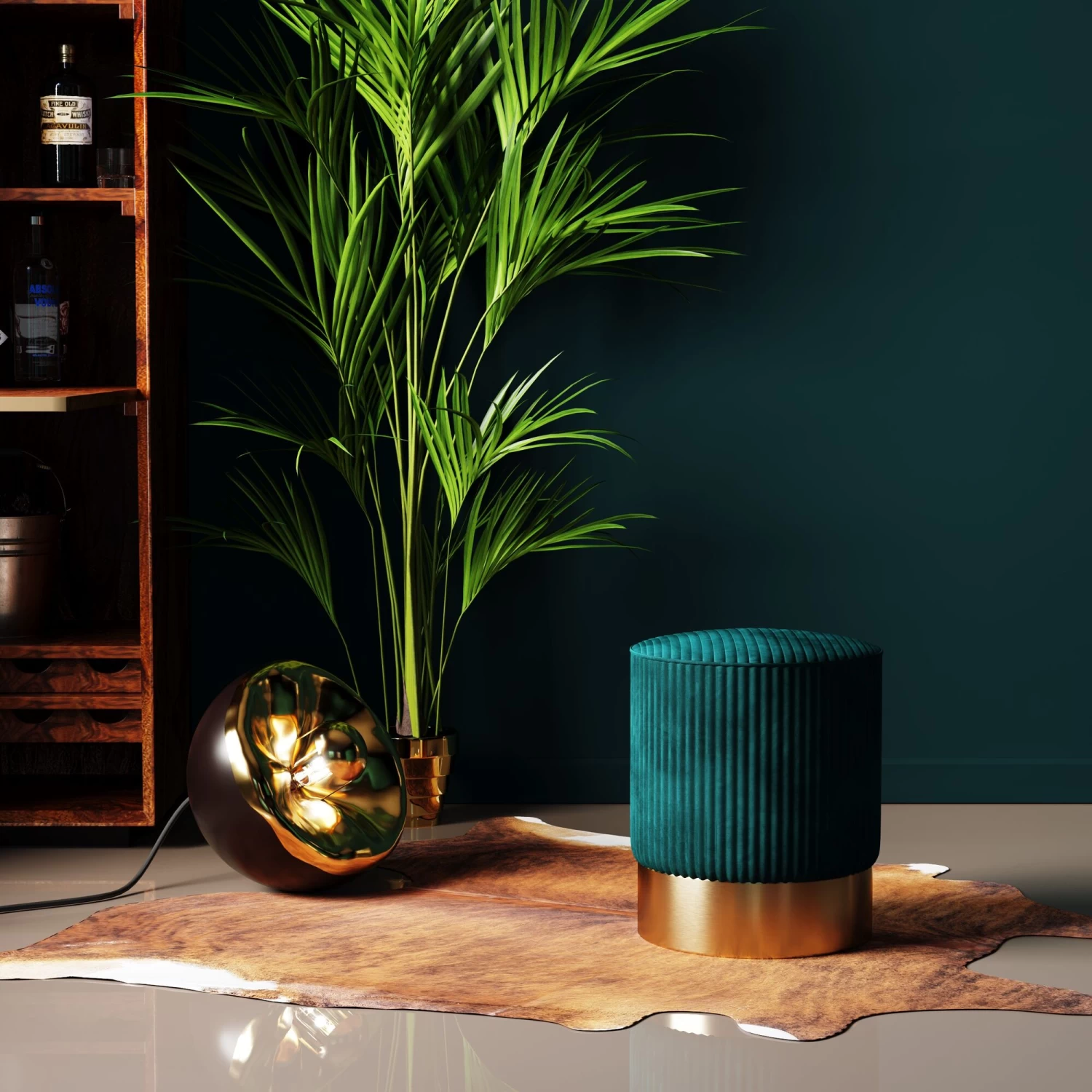 Hocker Cherry Dunkelgrün Cord Brass Ø35cm – Bild 3