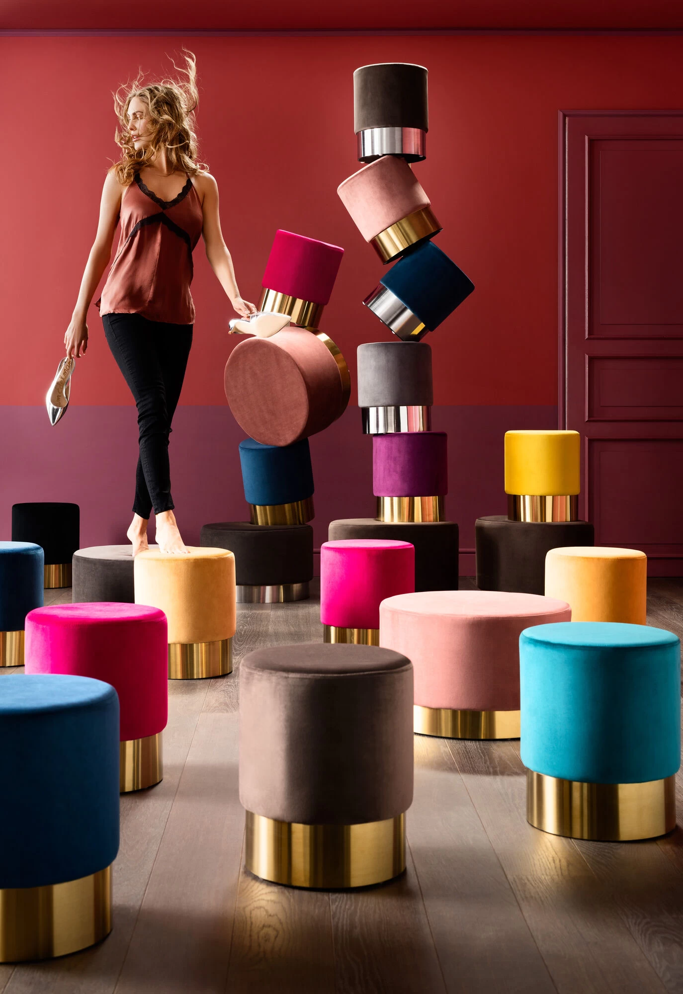 Hocker Cherry Bordeaux Brass Ø35cm – Bild 2